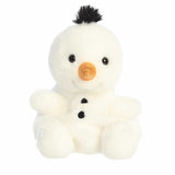 Aurora Palm Pal Freese Snowman 5-inch plush with white fuzzy fabric, carrot nose, black top hat, and red scarf. Holiday gift plush. Available at Be Charmed.