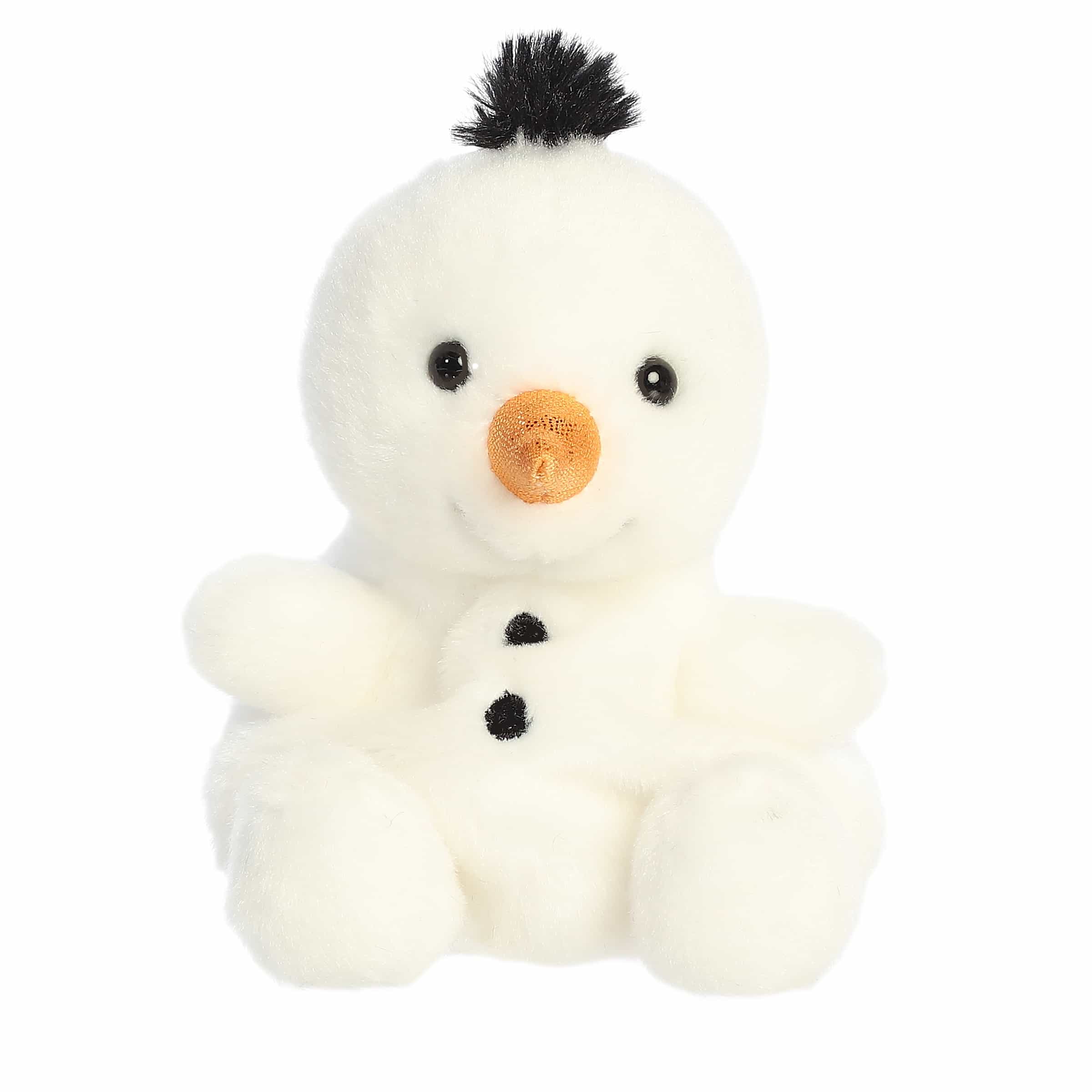 Aurora Palm Pal Freese Snowman 5-inch plush with white fuzzy fabric, carrot nose, black top hat, and red scarf. Holiday gift plush. Available at Be Charmed.