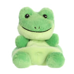 Aurora Palm Pal Ribbits Frog 5-inch plush toy with soft green fur, embroidered eyes, smiling face, and chubby bean-filled body. Cute frog plush. Available at Be Charmed.