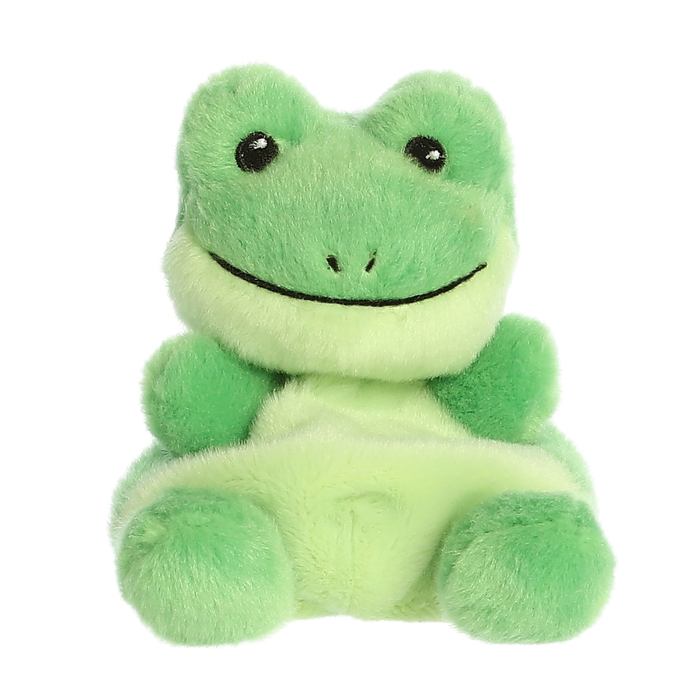 Aurora Palm Pal Ribbits Frog 5-inch plush toy with soft green fur, embroidered eyes, smiling face, and chubby bean-filled body. Cute frog plush. Available at Be Charmed.