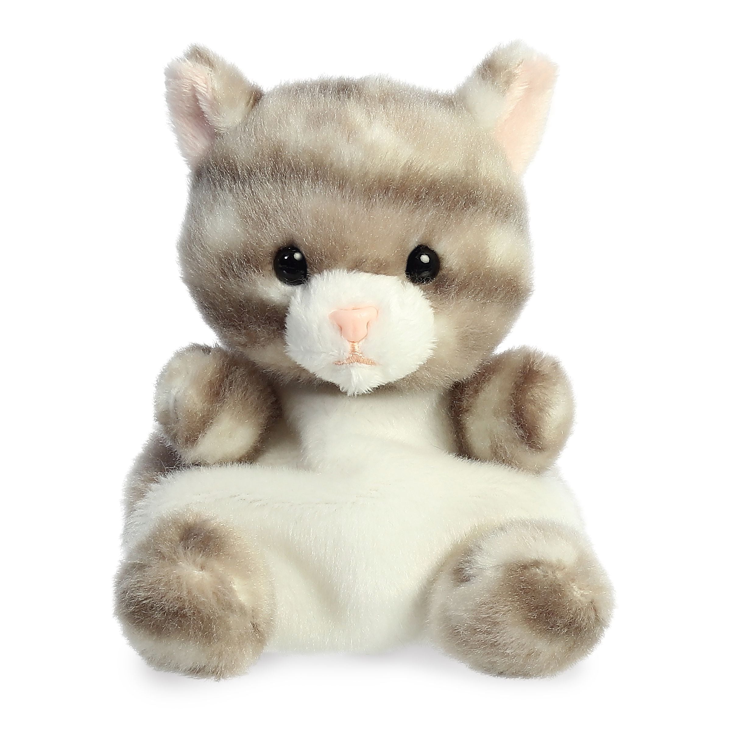 Aurora Palm Pal Silver Kitty 5-inch plush toy with soft gray tabby fur, white muzzle, pink nose, and chubby bean-filled body. Cute cat plush. Available at Be Charmed.