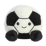 Aurora Palm Pal Striker Soccerball 5-inch plush toy with soft black and white fabric panels, embroidered smile, and bean-filled body. Available at Be Charmed.