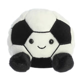 Aurora Palm Pal Striker Soccerball 5-inch plush toy with soft black and white fabric panels, embroidered smile, and bean-filled body. Available at Be Charmed.