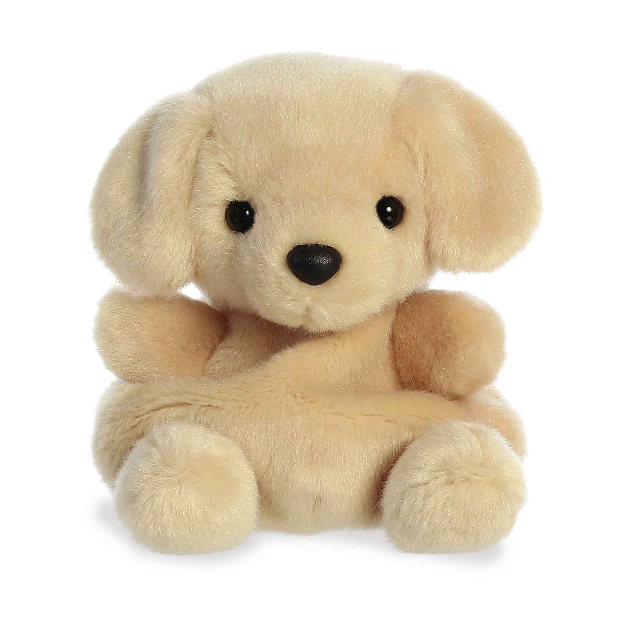 Aurora Palm Pal Sunny Lab plush—5-inch yellow labrador retriever with soft fur, floppy ears, and a chubby bean-filled body. Available at Be Charmed.
