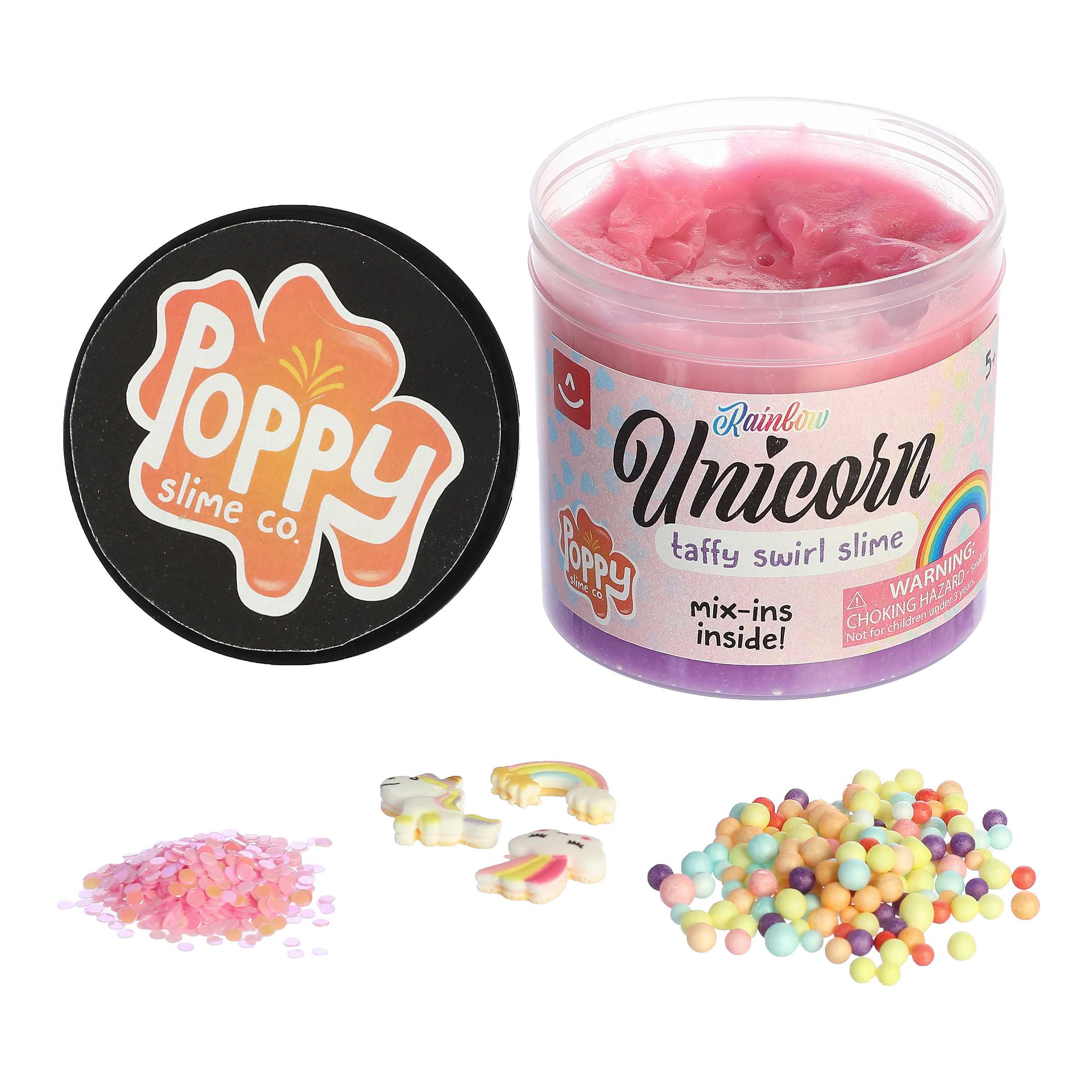 Aurora Unicorn Rainbow Slime sensory toy with colorful swirls of pink, purple, blue, and sparkles. Soft, stretchy, and magical fun. Available at Be Charmed.