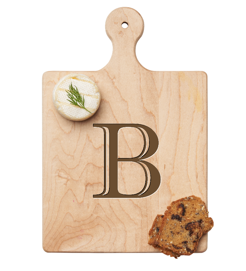 Maple Leaf 9x6 Initial Board B with Spreader. Personalized wooden serving board with monogram design. Perfect gift. Available at Be Charmed.