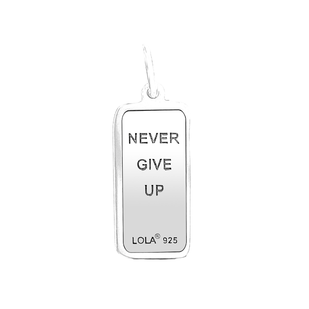 Back of Silver Lola 7 Down 8 Up tag for necklace with an inspiring engraved message symbolizing strength and resilience. Available at Be Charmed.