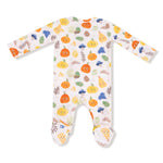 Back view of Ange Dear Baby onesie with colorful fruit pattern on a white background. Available at Be Charmed