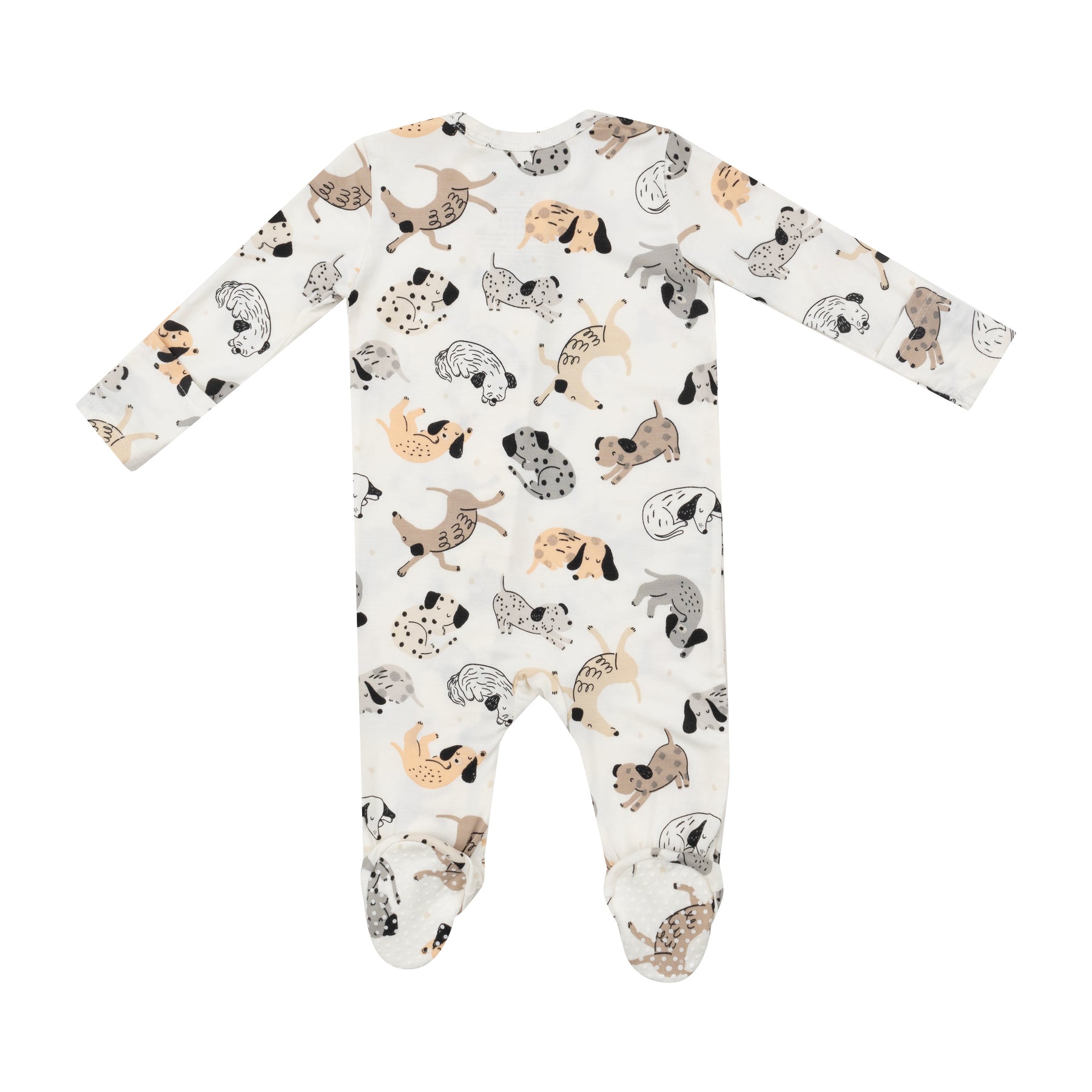 Back view Angel Dear Cozy Pups 2-Way Zipper Footie with soft fabric and playful puppy print, available at Be Charmed.