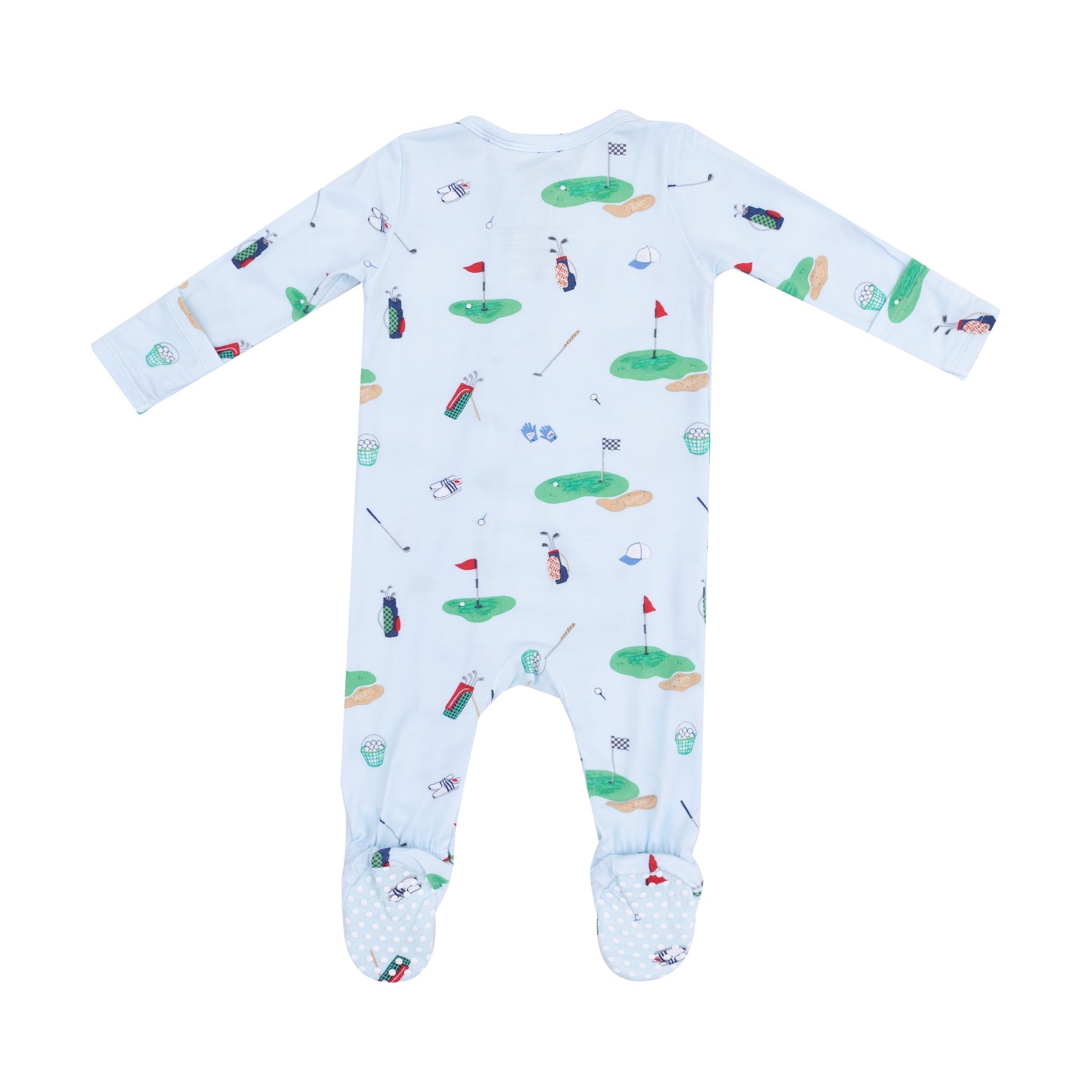 Back view of Angel Dear Golf Things 2-Way Zipper Footie with soft fabric and golf print, available at Be Charmed.