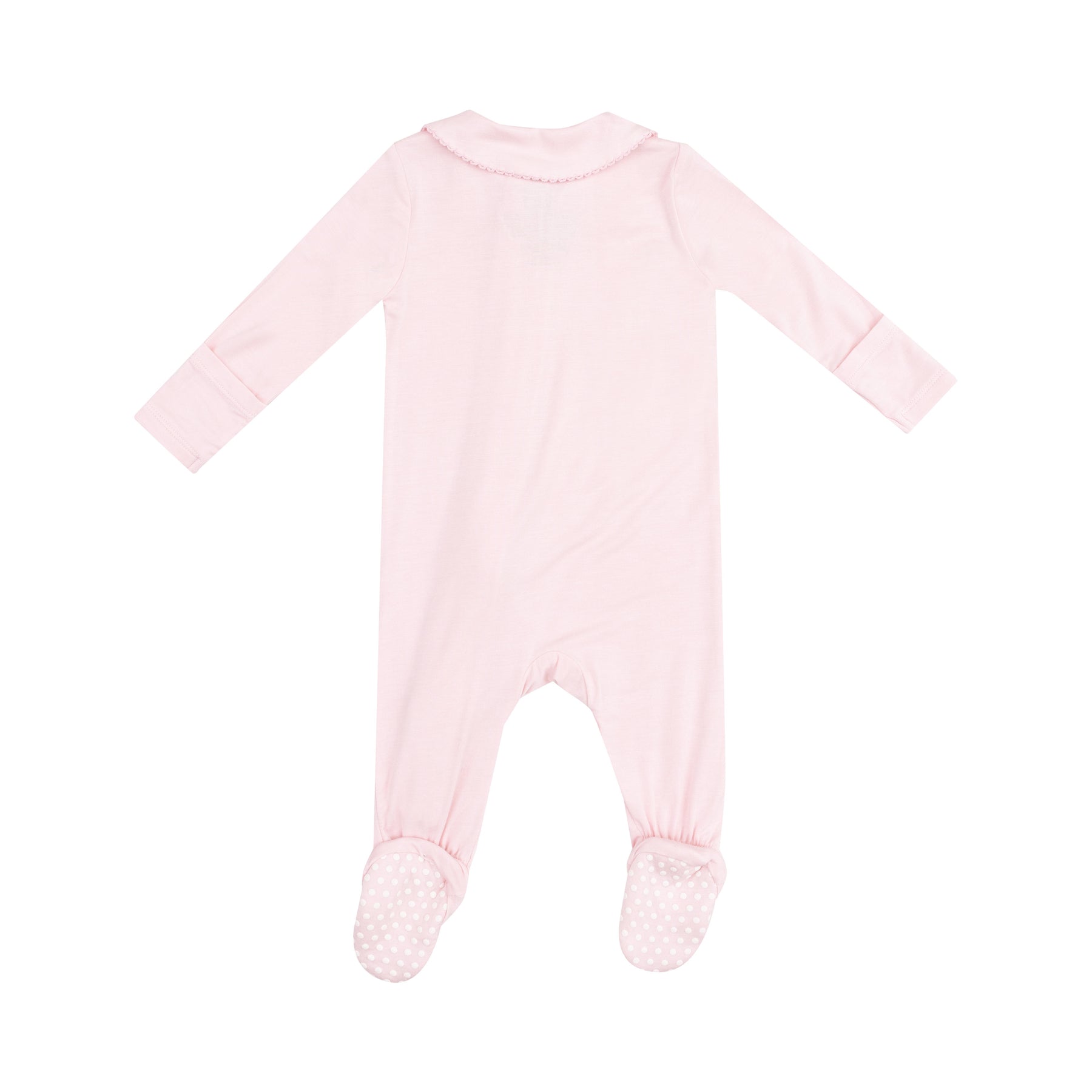 Back view of Angel Dear Pink Peter Pan 2-Way Zipper Footie with cozy fabric and pink collar, available at Be Charmed.