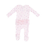 Back View of Angel Dear Strawberry Swiss 2-Way Zipper Ruffle Footie with strawberry print and ruffle details, available at Be Charmed.