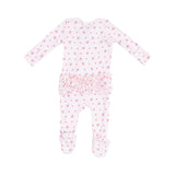 Back View of Angel Dear Strawberry Swiss 2-Way Zipper Ruffle Footie with strawberry print and ruffle details, available at Be Charmed.