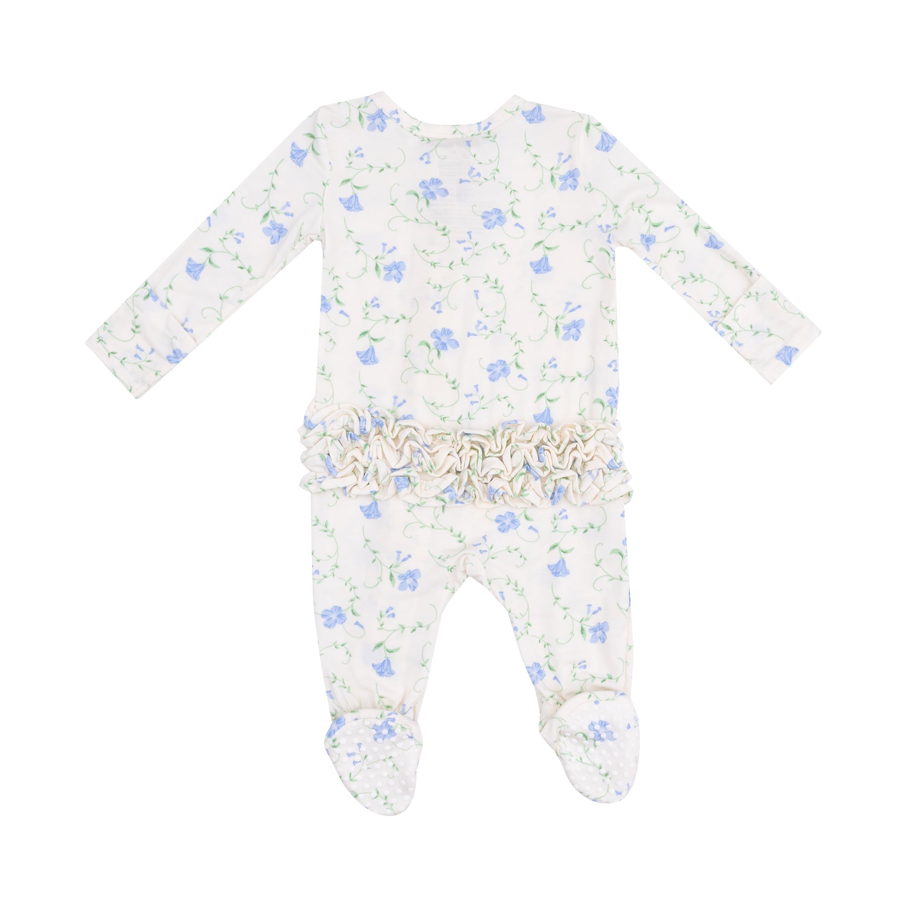 Back View of Angel Dear Sweet Vines 2-Way Ruffle Zipper Footie with soft fabric and ruffle details, available at Be Charmed.