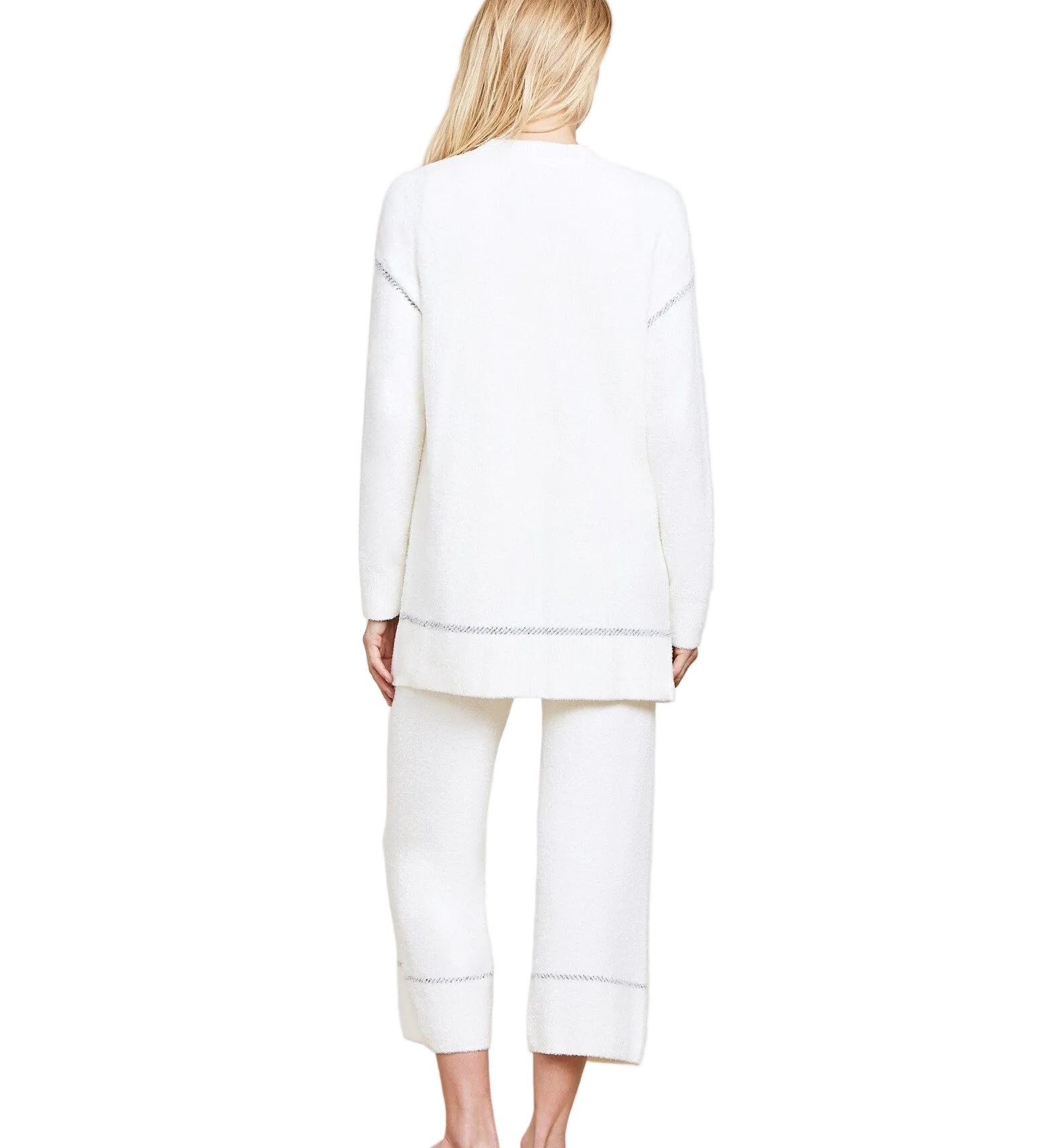 Back view of Barefoot Dreams CozyChic Lite Contrast Stitch Cardigan in pearl/carbon with contrast rib detailing and patch pockets, available at Be Charmed.
