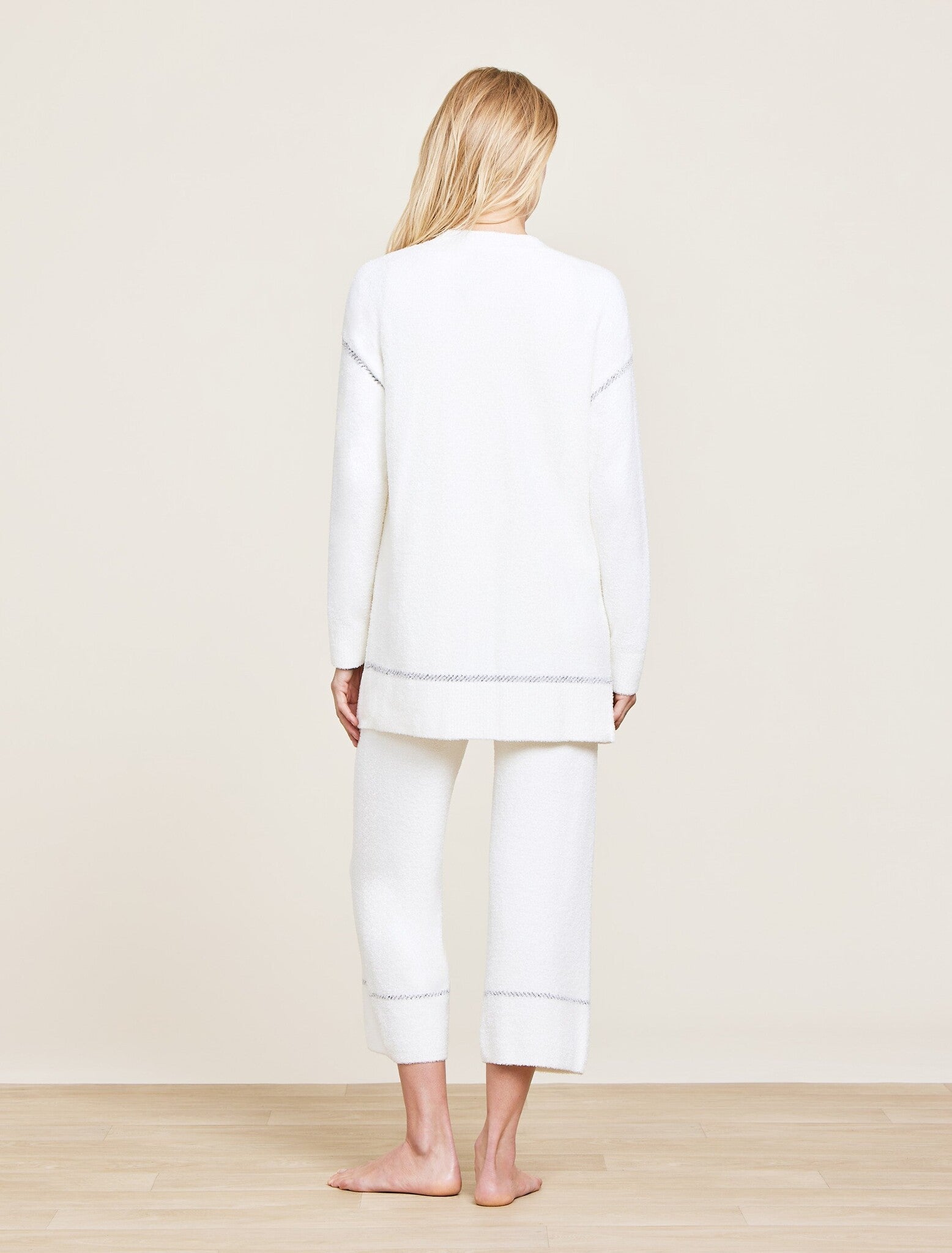 Back view of Barefoot Dreams CozyChic Lite Contrast Stitch Cardigan in pearl/carbon with contrast rib detailing and patch pockets, available at Be Charmed.