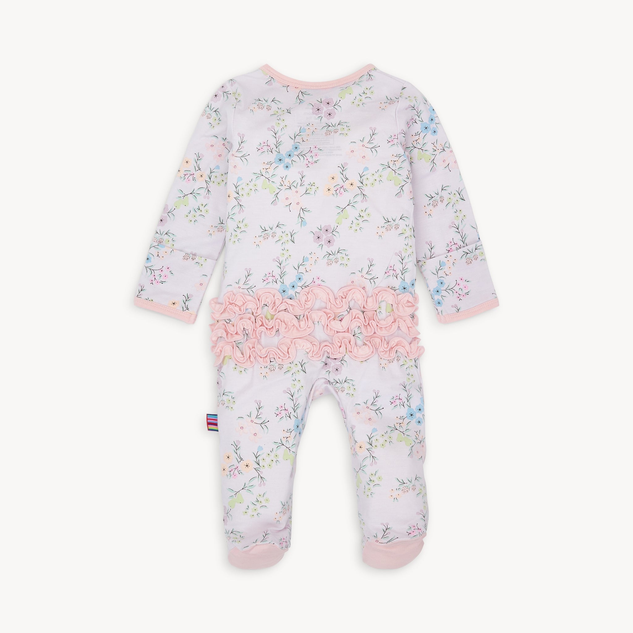 Back view of Magnetic Me modal footie with ruffle in Emily print, available at Be Charmed. Available at Be Charmed
