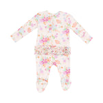 Back view of Angel Dear Pick a Posy 2-Way Ruffle Zipper Footie with floral print and ruffle accents, available at Be Charmed.