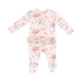 Back view of Angel Dear Pick a Posy 2-Way Ruffle Zipper Footie with floral print and ruffle accents, available at Be Charmed.