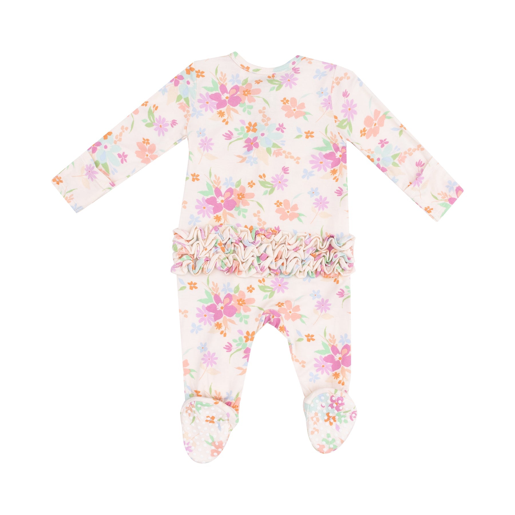 Back view of Angel Dear Pick a Posy 2-Way Ruffle Zipper Footie with floral print and ruffle accents, available at Be Charmed.