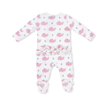 Back of Angel Dear Baby footie with pink whale pattern on a white background. Available at Be Charmed