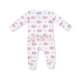 Back of Angel Dear Baby footie with pink whale pattern on a white background. Available at Be Charmed