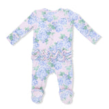 Back of Angel Dear Floral patterned baby footie with a zipper on a white background. Available at Be Charmed.