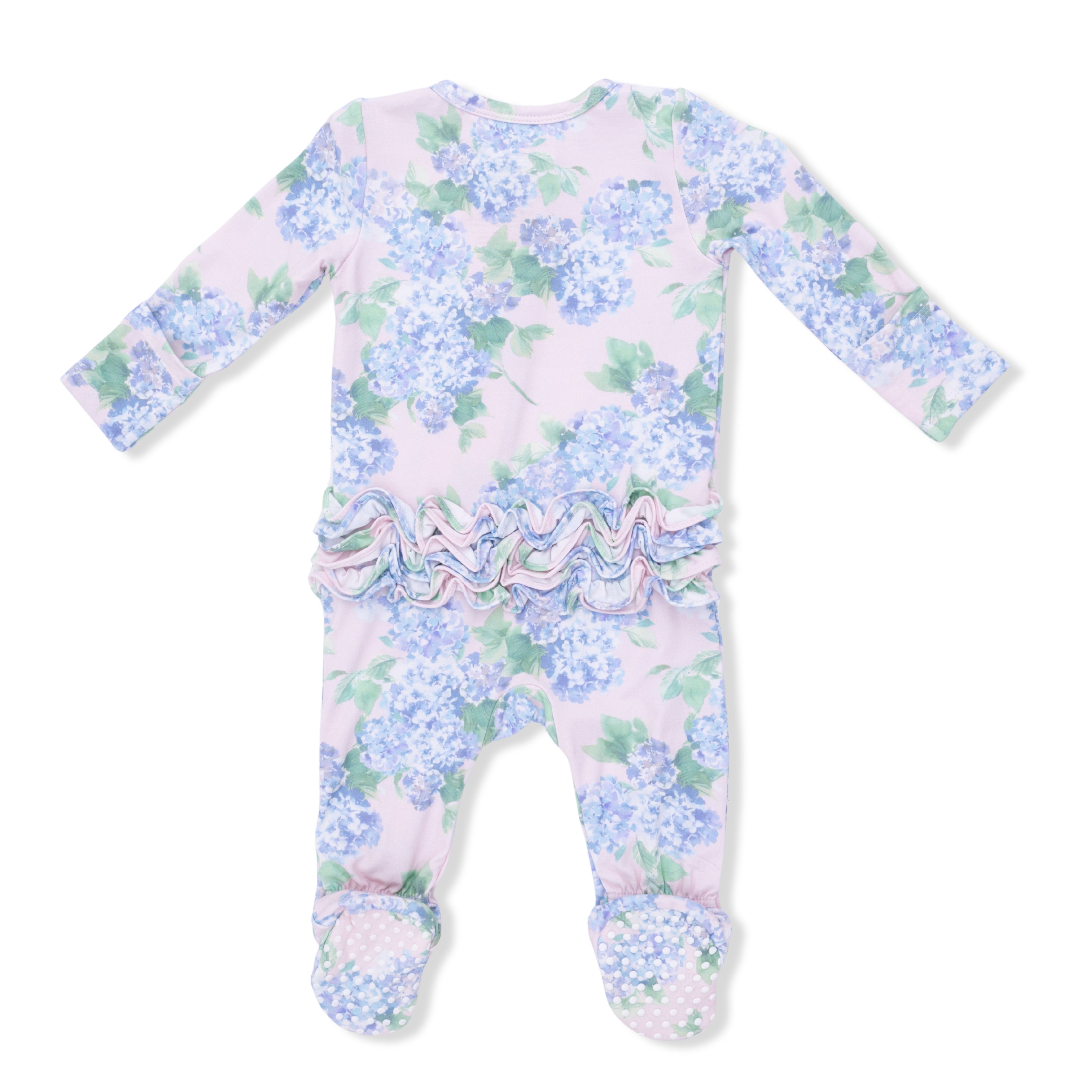 Back of Angel Dear Floral patterned baby footie with a zipper on a white background. Available at Be Charmed.