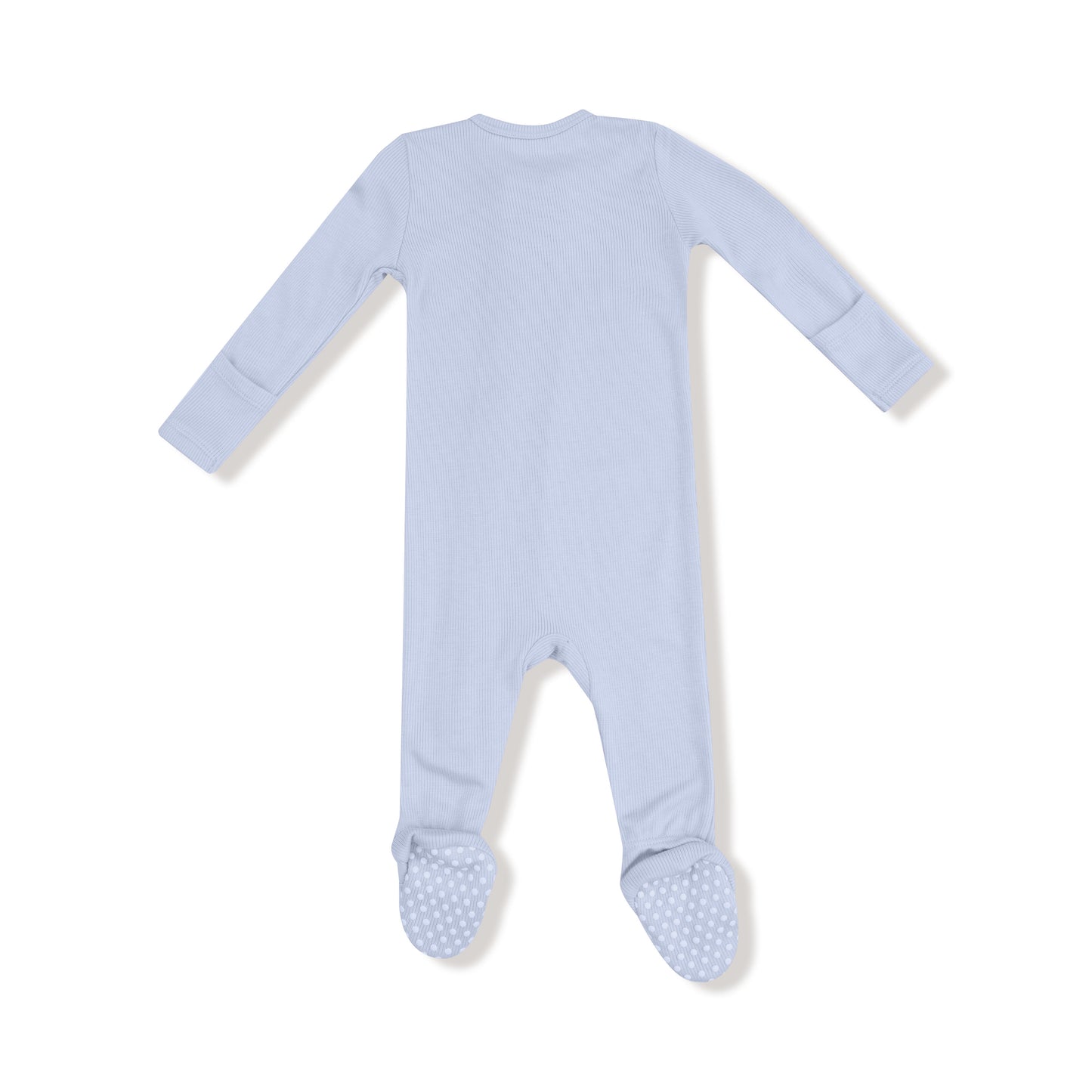 Back of Angel Dear 2 way zipper footie in Solid Niagara Mist featuring soft, breathable fabric, footed design, and easy zip closure for newborn sleep, play, and everyday comfort. Available at Be Charmed