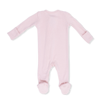 Back of Angel Dear Pink baby footie with a zipper on a white background. Available at Be Charmed