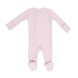 Back of Angel Dear Pink baby footie with a zipper on a white background. Available at Be Charmed