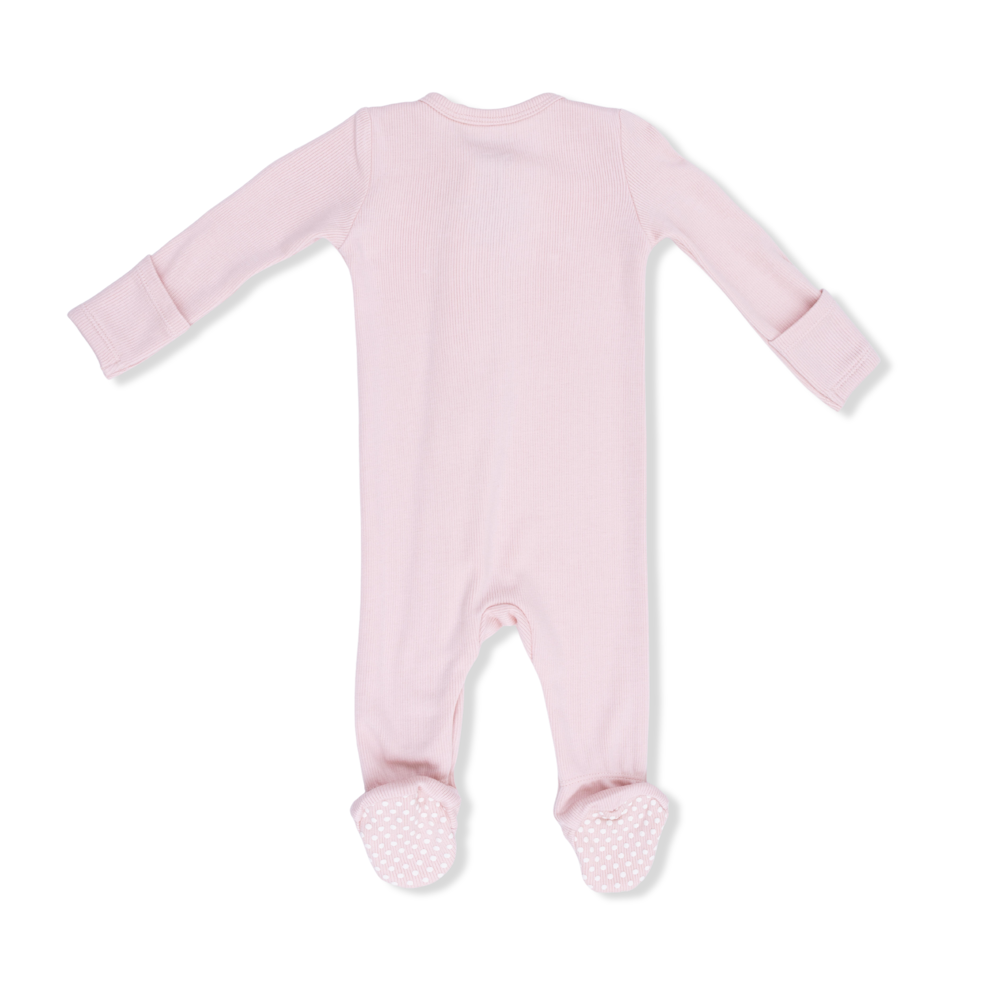 Back of Angel Dear Pink baby footie with a zipper on a white background. Available at Be Charmed