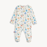 Back of Magnetic Me Footie in Bach & Roll – ultra-soft baby footie with magnetic closures for easy changes, featuring a playful musical print, made with eco-friendly modal fabric, available at Be Charmed.