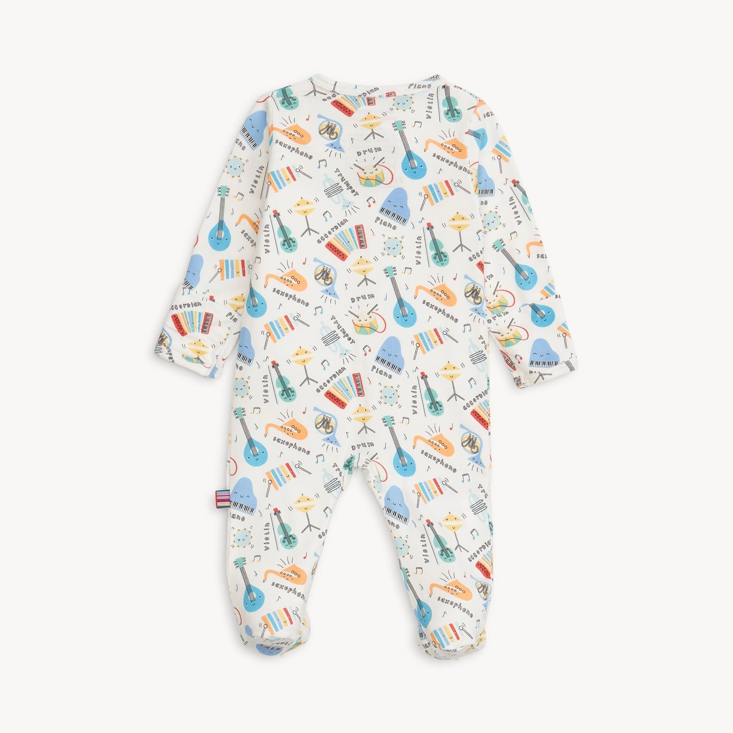 Back of Magnetic Me Footie in Bach & Roll – ultra-soft baby footie with magnetic closures for easy changes, featuring a playful musical print, made with eco-friendly modal fabric, available at Be Charmed.