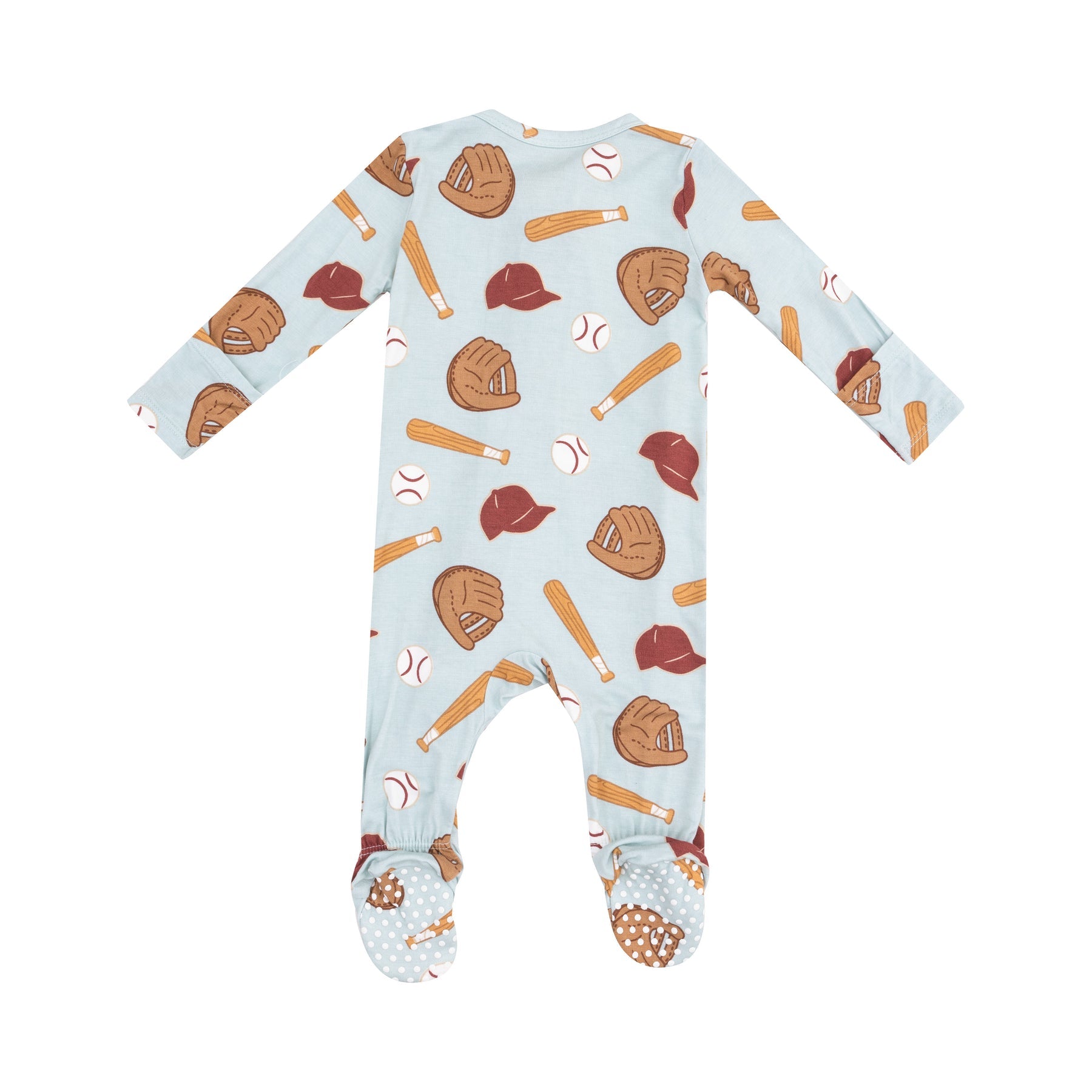 Back view of Angel Dear Baseball 2-Way Zipper Footie with soft fabric and sporty baseball print, available at Be Charmed.