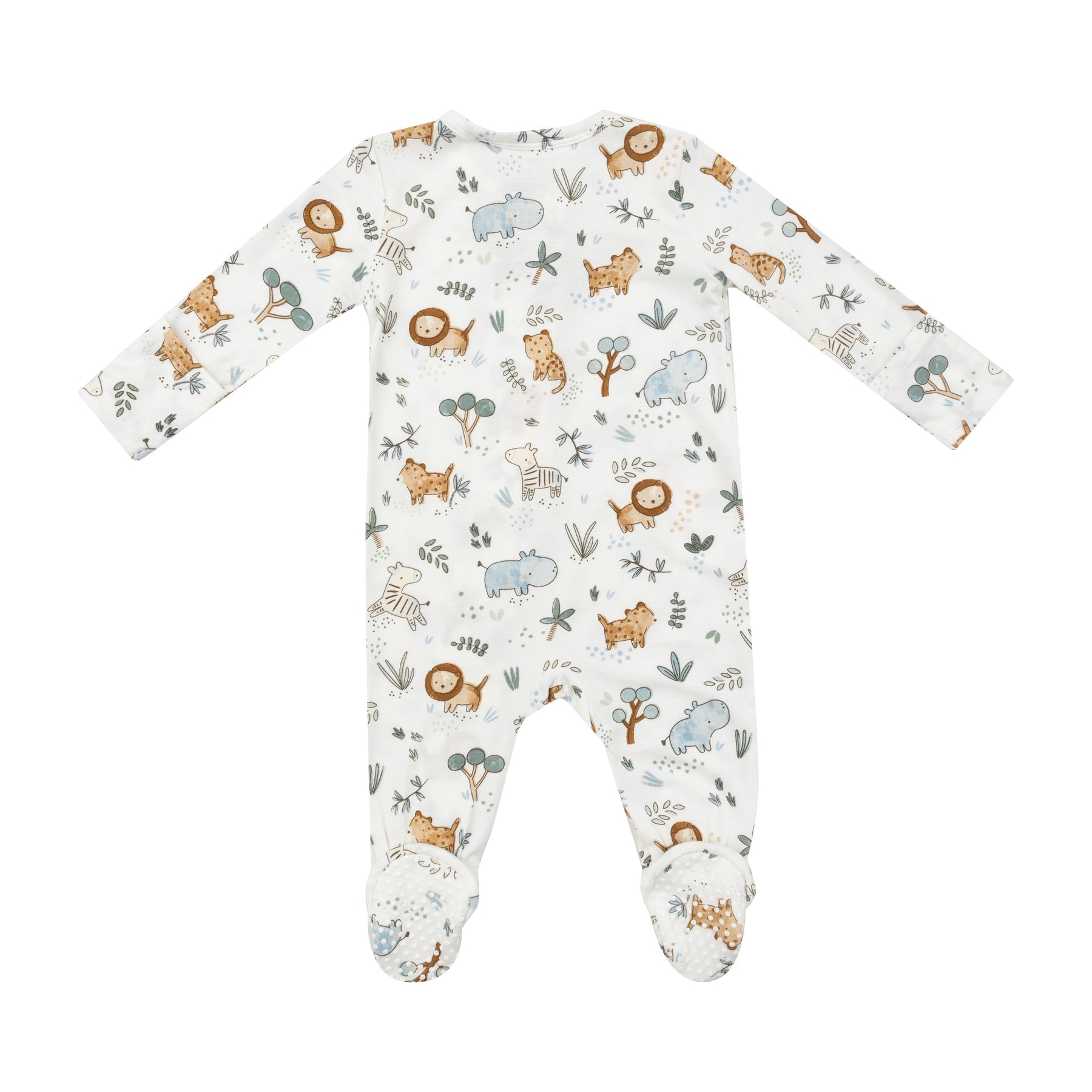 Back view of Angel Dear Delicate Safari 2-Way Zipper Footie for baby girls, featuring a playful safari print and soft materials, available at Be Charmed.