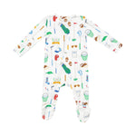 Back view of Angel Dear Golf Club White 2-Way Zipper Footie for baby boys, featuring a playful golf club print and soft materials, available at Be Charmed.