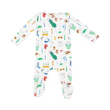 Back view of Angel Dear Golf Club White 2-Way Zipper Footie for baby boys, featuring a playful golf club print and soft materials, available at Be Charmed.