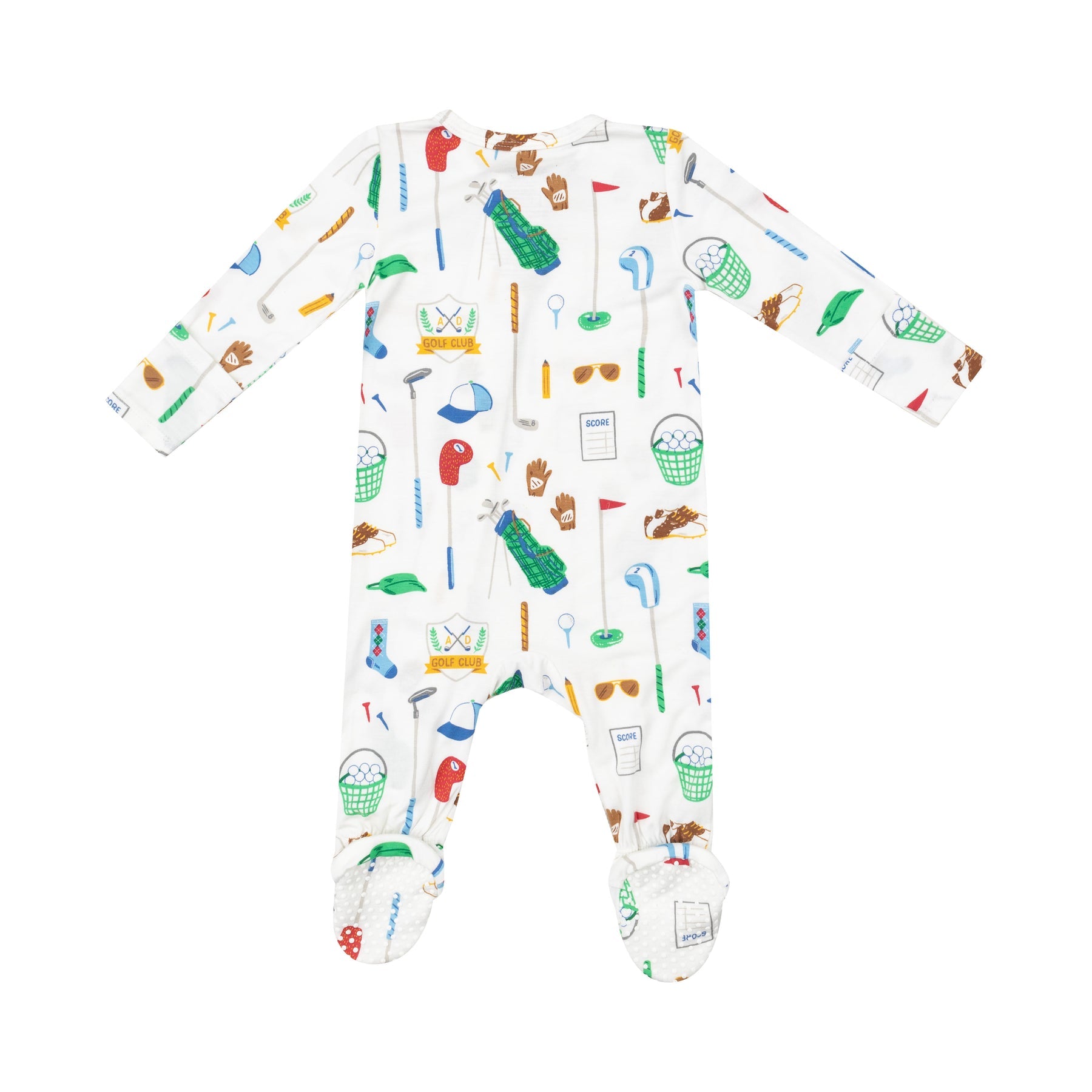 Back view of Angel Dear Golf Club White 2-Way Zipper Footie for baby boys, featuring a playful golf club print and soft materials, available at Be Charmed.