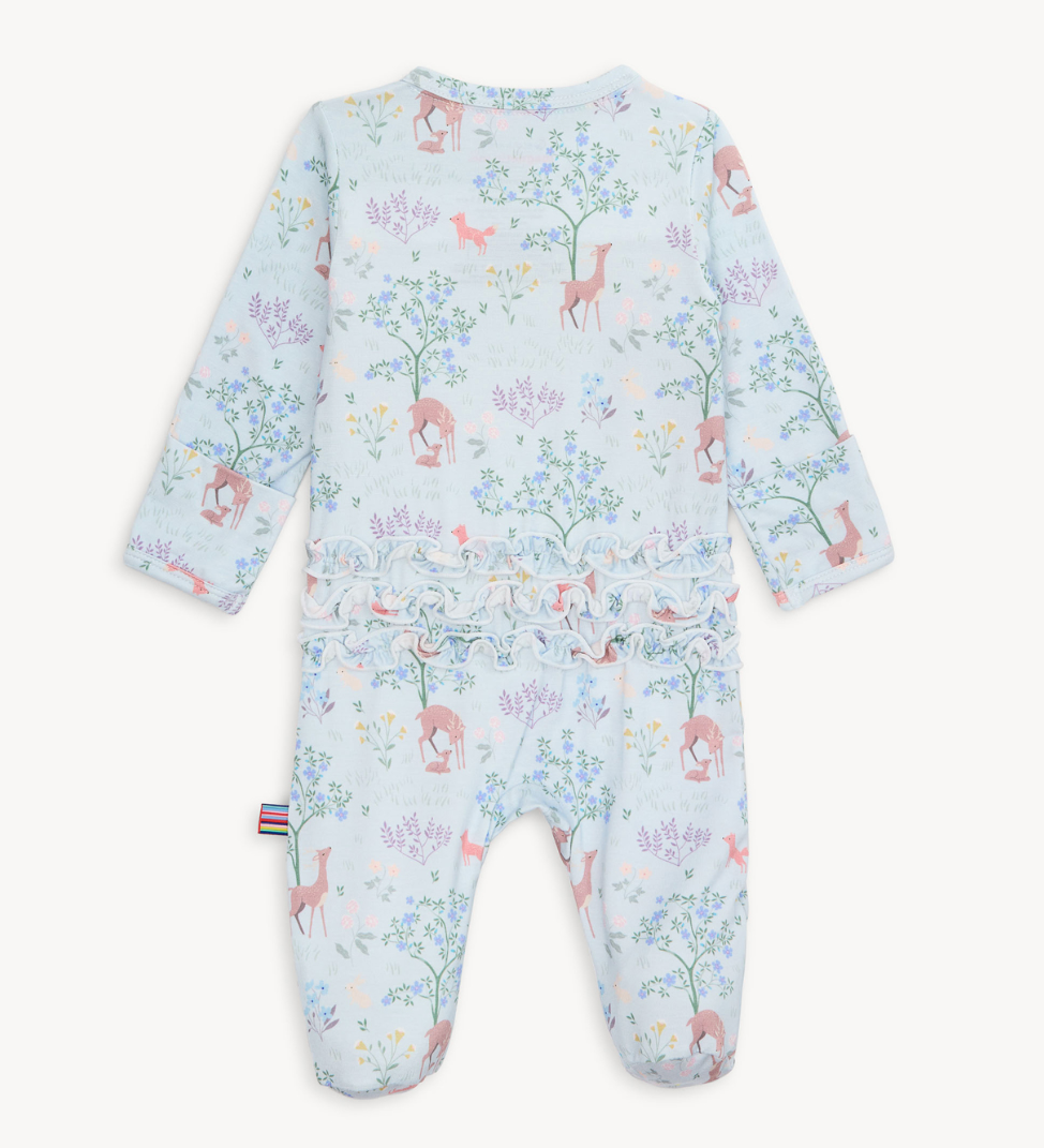 Back view of Magnetic Me baby footie in Love You Deerly print featuring woodland deer and hearts. Soft modal fabric with magnetic closures. Available at Be Charmed.