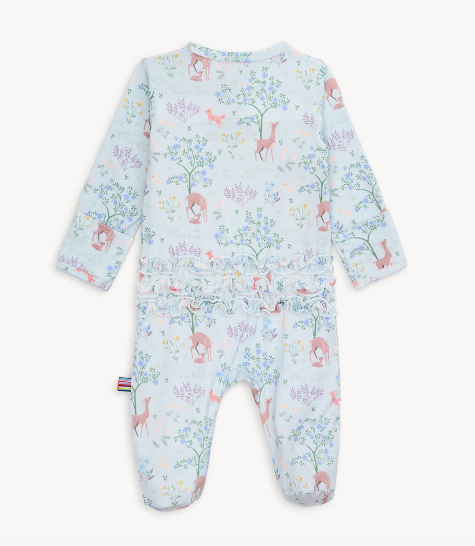 Back view of Magnetic Me baby footie in Love You Deerly print featuring woodland deer and hearts. Soft modal fabric with magnetic closures. Available at Be Charmed.