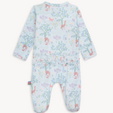 Back view of Magnetic Me baby footie in Love You Deerly print featuring woodland deer and hearts. Soft modal fabric with magnetic closures. Available at Be Charmed.