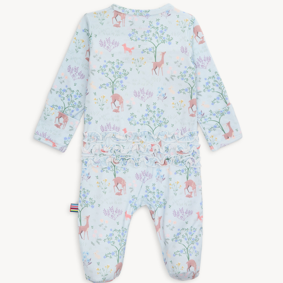 Back view of Magnetic Me baby footie in Love You Deerly print featuring woodland deer and hearts. Soft modal fabric with magnetic closures. Available at Be Charmed.