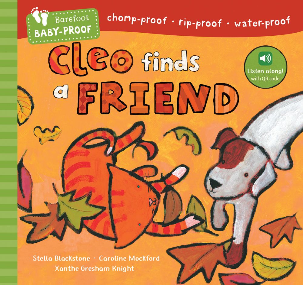 Book cover of 'Cleo Finds a Friend' with a dog and fox illustration on an orange background. Available at Be Charmed