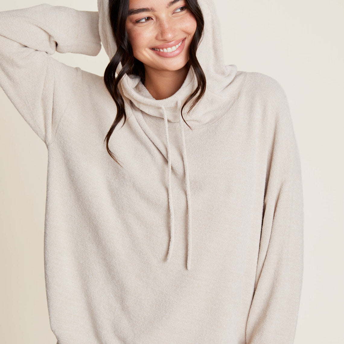 Bisque CozyChic Ultra Lite Hooded Pullover by Barefoot Dreams, lightweight hooded wrap pullover, available at Be Charmed
