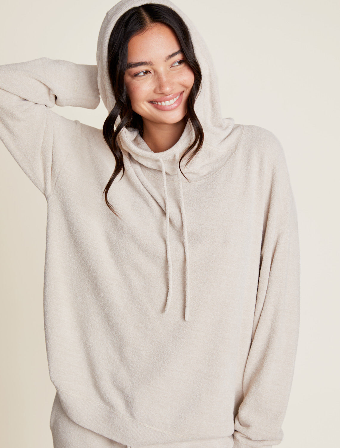 Bisque CozyChic Ultra Lite Hooded Pullover by Barefoot Dreams, lightweight hooded wrap pullover, available at Be Charmed