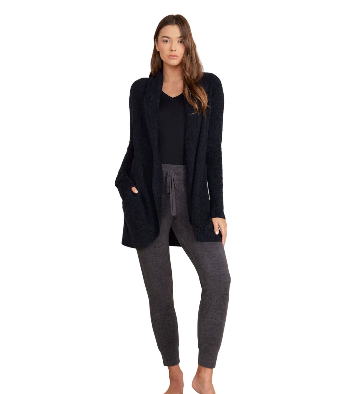 Black Barefoot Dreams CozyChic Lite Circle Cardigan in neutral tone, open-front with ribbed shawl collar and inset pockets, available at Be Charmed.