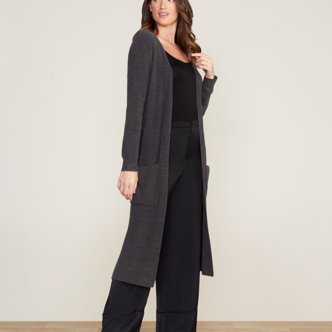 CozyChic Ultra Lite Long Cardigan in Carbon by Barefoot Dreams, lightweight longline cardigan, available at Be Charmed