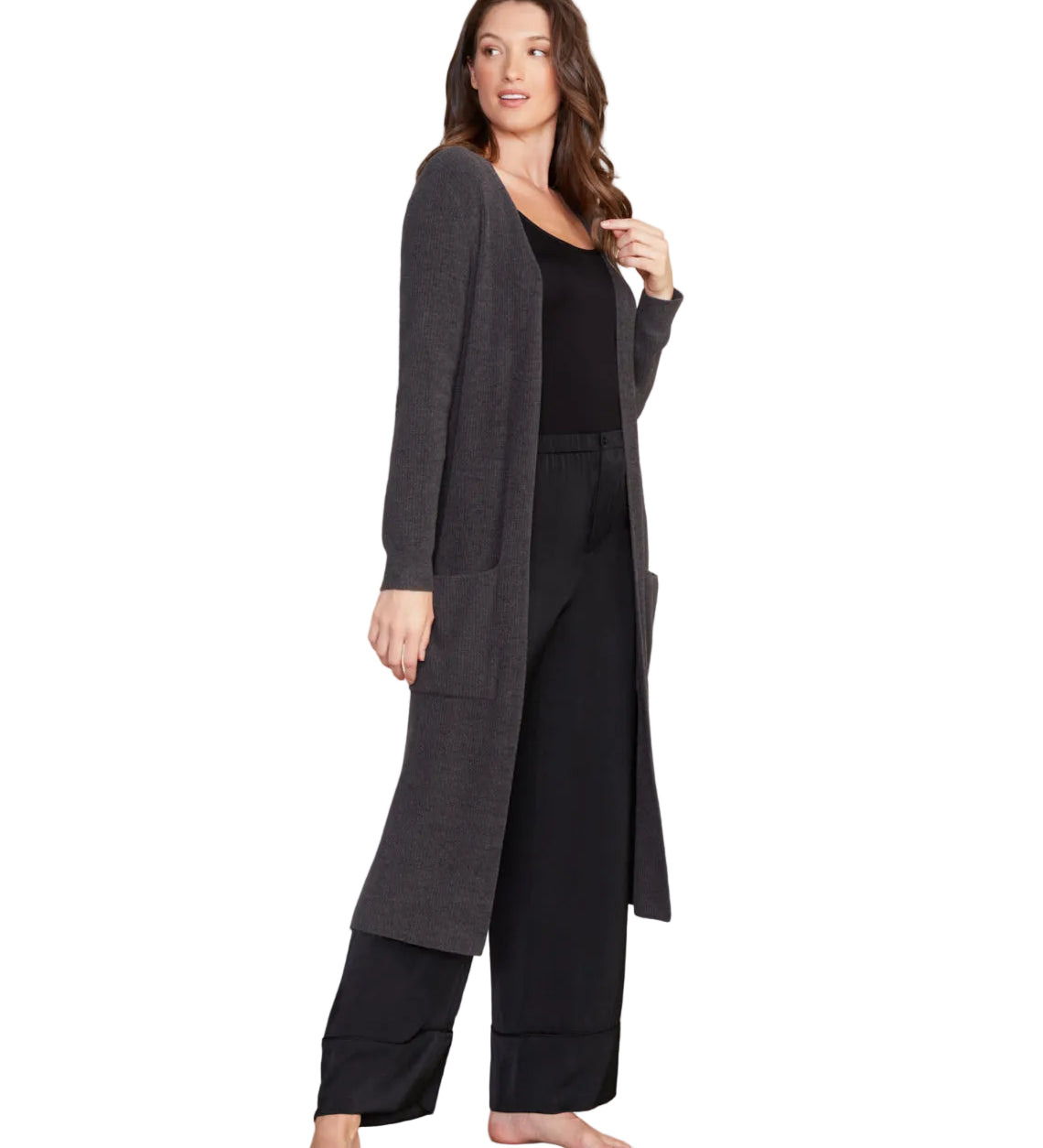 CozyChic Ultra Lite Long Cardigan in Carbon by Barefoot Dreams, lightweight longline cardigan, available at Be Charmed