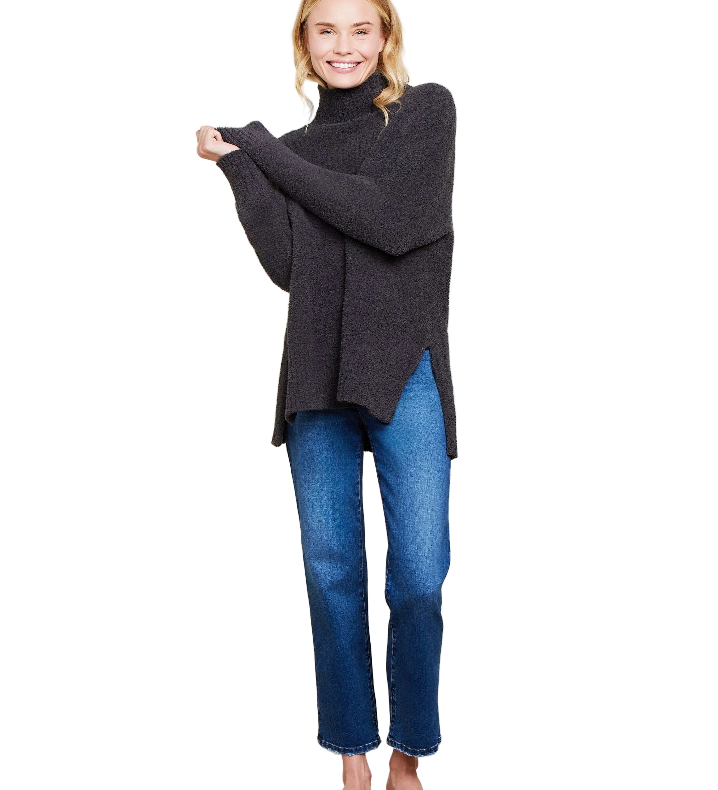 Carbon Barefoot Dreams CozyChic High Low Pullover in soft microfiber with ribbed neck and hi-lo hem, available at Be Charmed.